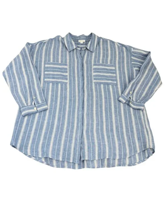 J Jill Linen Striped Button Front Top Blue White Relaxed Office XL - Picture 9 of 10